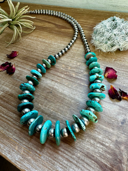 Turquoise and Sterling Silver Navajo Pearl Necklace-32"