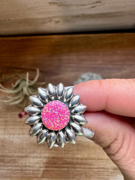 Pink Opal Flower Ring- Adjustable