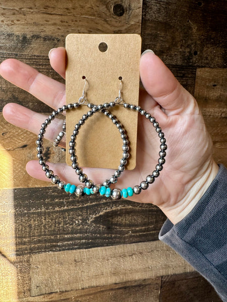 Large Sterling Silver Pearl and Turquoise Hoop Earrings