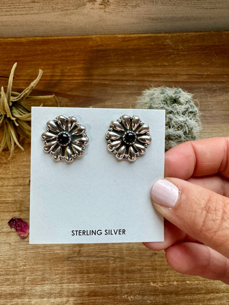 Cluster Black Onyx & Sterling Silver Stud Earrings