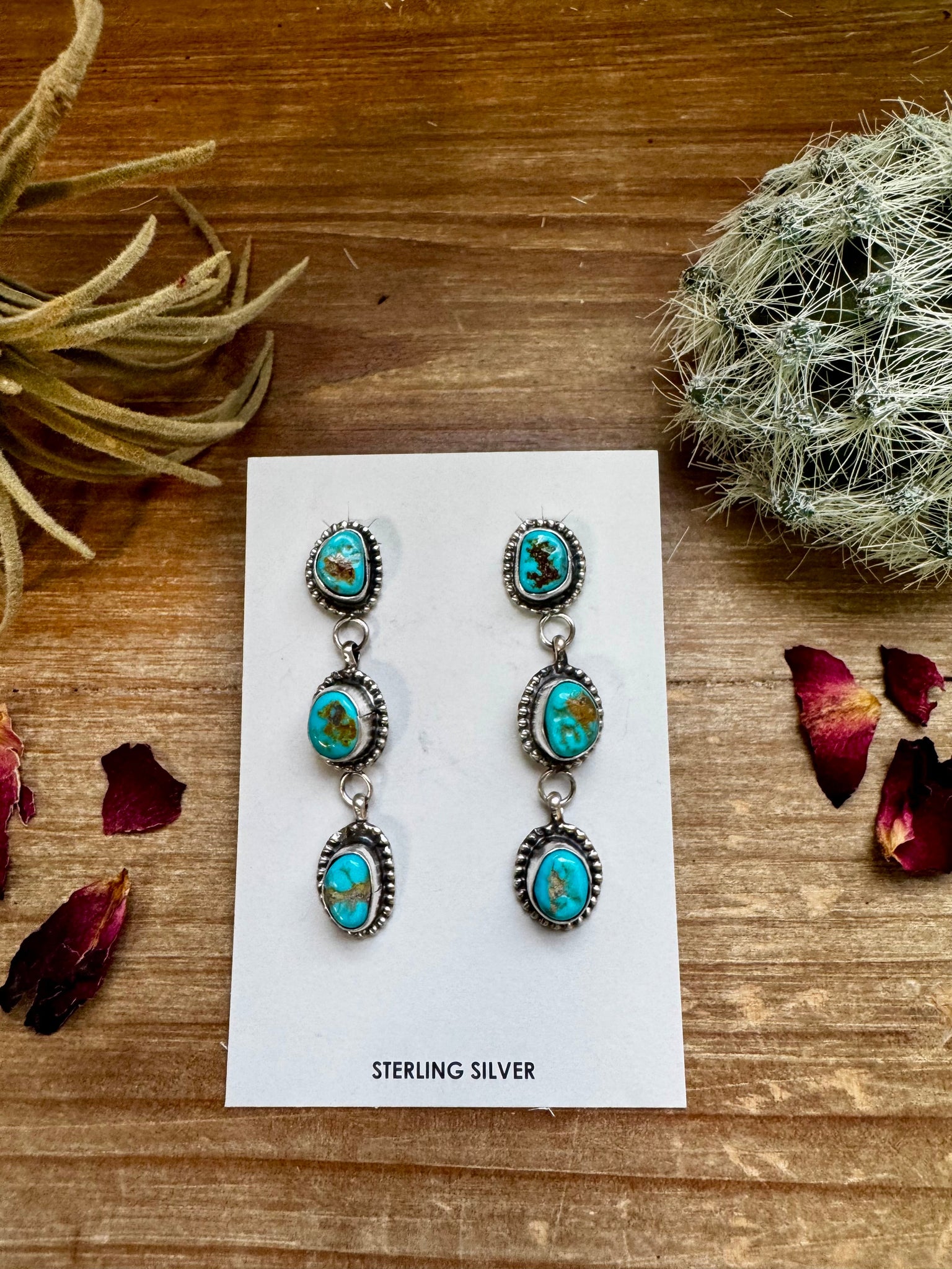 3 Stone Dangle Kingman Turquoise Earrings