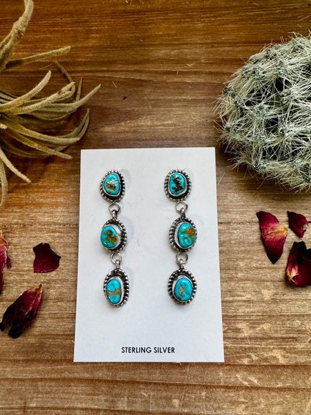 3 Stone Dangle Kingman Turquoise Earrings