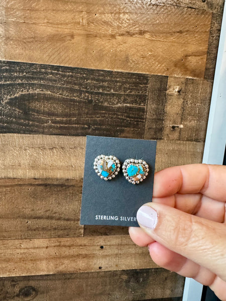 Spiny Oyster and Turquoise Heart Stud Earrings