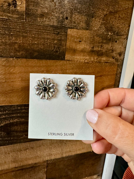 Cluster Black Onyx & Sterling Silver Stud Earrings