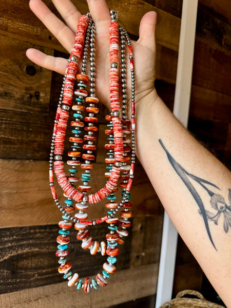 4-5mm Sterling Silver Pearls and Red Spiny Oyster Necklace-20"