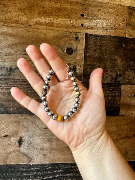 Bumblebee Jasper and 8mm Sterling Silver Pearls Bracelet