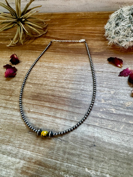 Bumblebee Jasper and 3mm Sterling Silver Pearls Necklace-14"