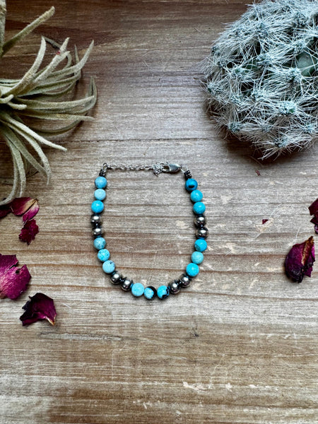 6mm Blue Opal and Sterling Silver Pearls Bracelet