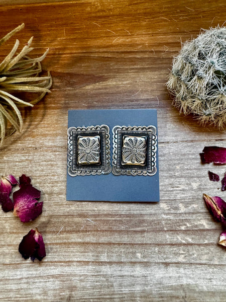 Square Concho Sterling Silver Stud Earrings