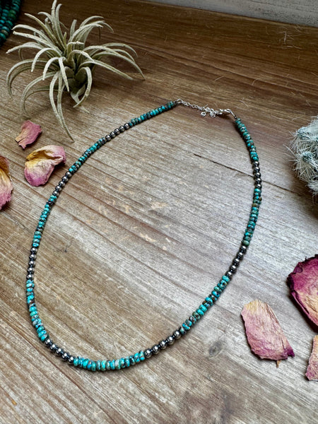 Turquoise and 4mm Sterling Silver Pearl Necklace-17"