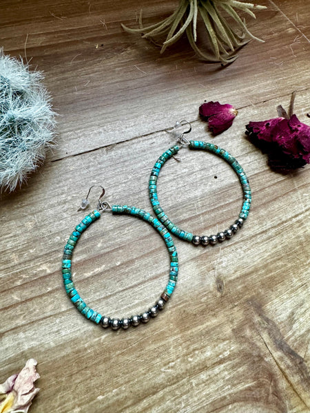 Large Turquoise and Sterling Silver Navajo Pearls Hoops Earrings