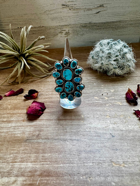 Kingman Turquoise Cluster Design Ring- Adjustable