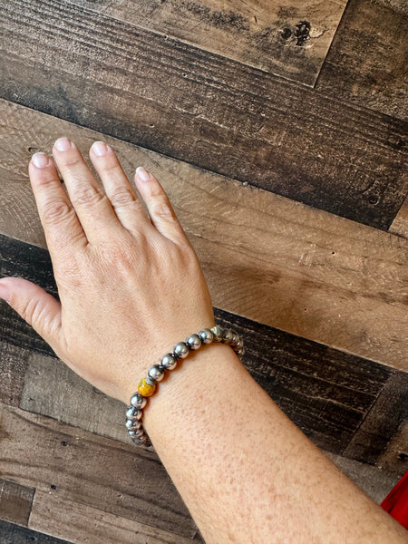 Bumblebee Jasper and 8mm Sterling Silver Pearls Bracelet