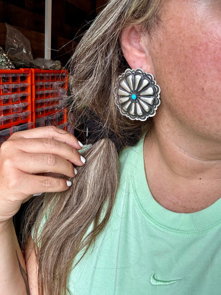 Large Concho with Turquoise Sterling Silver Earrings