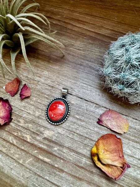 Round Orange Spiny Oyster & Sterling Silver Pendant