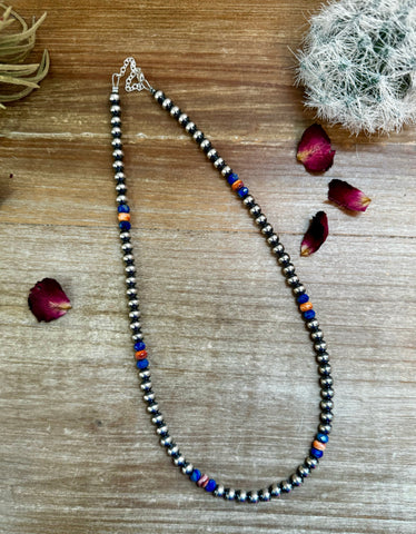 6mm Sterling Silver "Navajo Style" Pearls, Lapis, and Spiny Oyster Necklace-18"