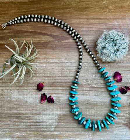 Turquoise and Sterling Silver Navajo Pearl Necklace-32"