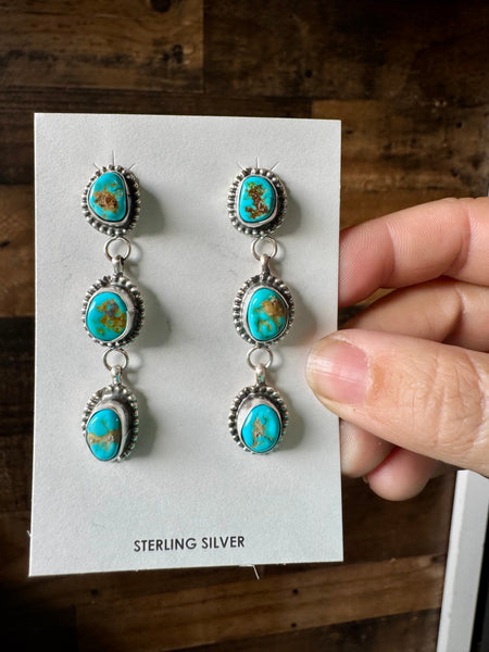 3 Stone Dangle Kingman Turquoise Earrings