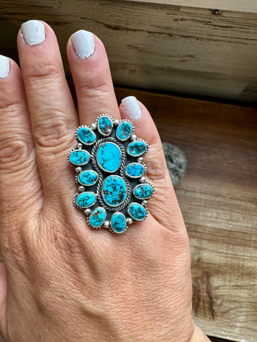 Kingman Turquoise Cluster Design Ring- Adjustable