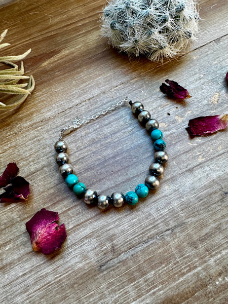 8mm Sterling Silver Navajo Pearls and Turquoise Bracelet