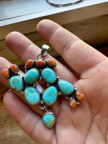 Turquoise and Coral Cactus Pendant