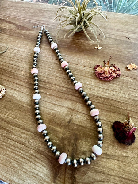 8mm "Navajo style" Sterling Silver Pearls and Pink Conch Necklace-20"