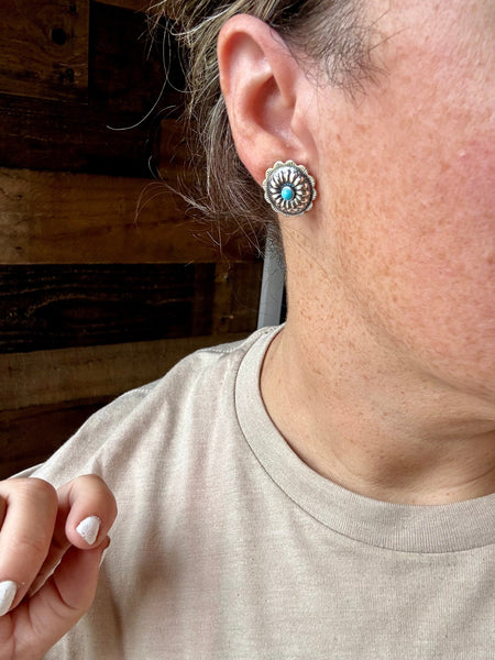 Sterling Silver and Kingman Turquoise Concho Stud Earrings