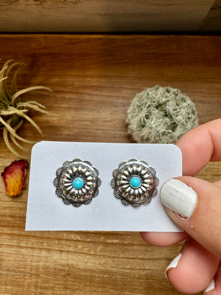 Sterling Silver and Kingman Turquoise Concho Stud Earrings