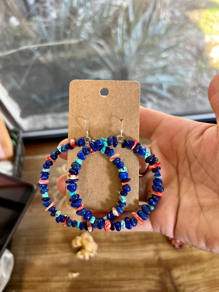 Lapis, Spiny Oyster, and Turquoise Hoop Earrings