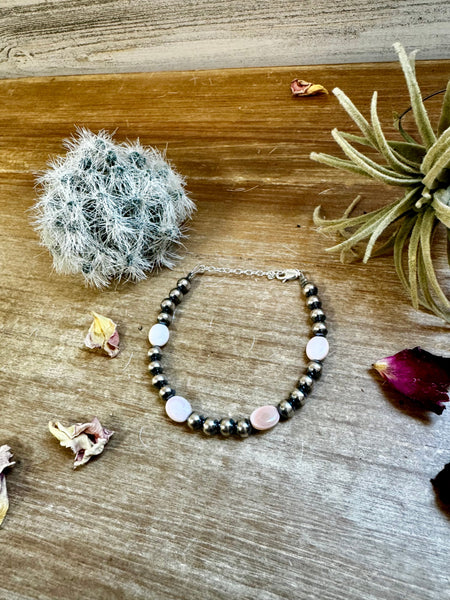 Pink Conch and 6mm Sterling Silver Pearls Bracelet