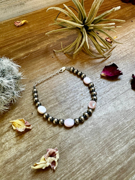 Pink Conch and 6mm Sterling Silver Pearls Bracelet