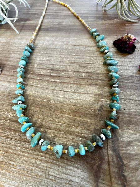 Green Turquoise, Shell, and Sterling Silver Necklace-24"