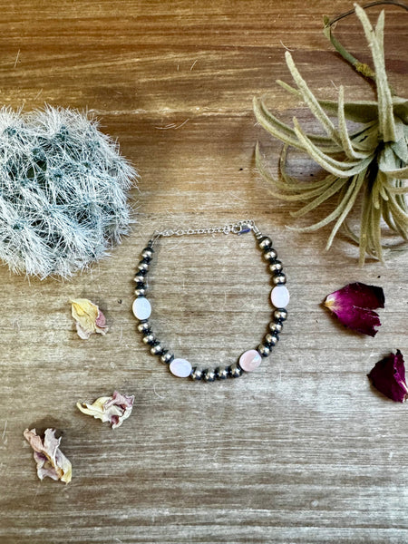 Pink Conch and 6mm Sterling Silver Pearls Bracelet