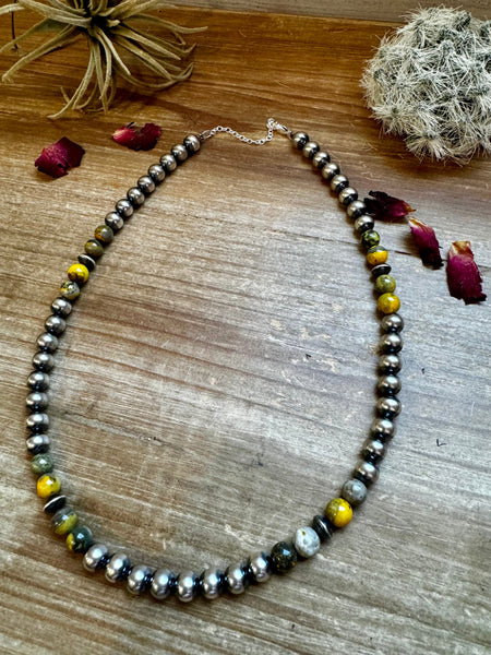 8mm Sterling Silver "Navajo Style" Pearl and Bumblebee Jasper Necklace-18"