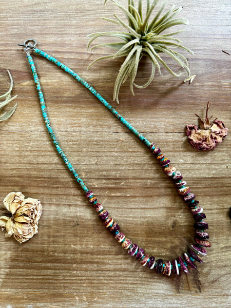 Graduated Purple Spiny Oyster and Turquoise Necklace-22"