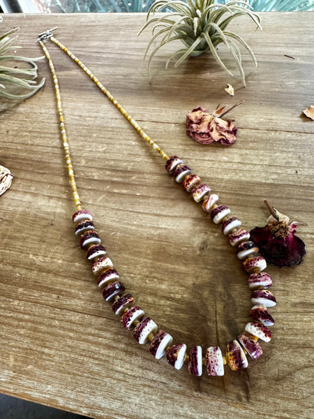 Purple Spiny Oyster and Heishi Shell Necklace-26"