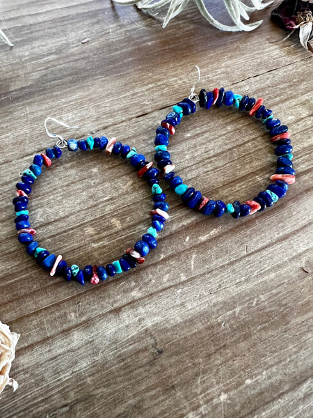 Lapis, Spiny Oyster, and Turquoise Hoop Earrings