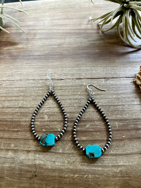 Sterling Silver Navajo Pearl and Flat Turquoise Teardrop Earrings