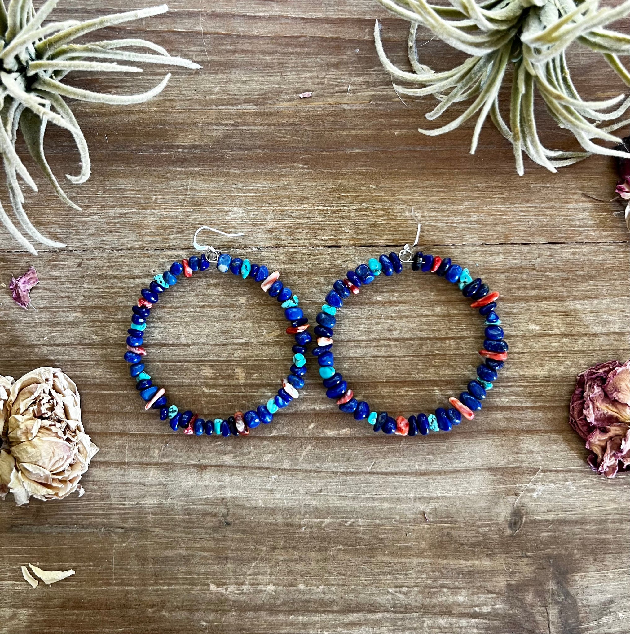 Lapis, Spiny Oyster, and Turquoise Hoop Earrings