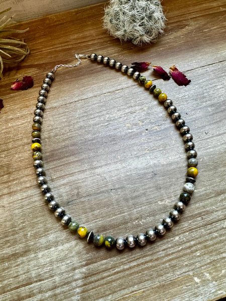 8mm Sterling Silver Navajo Pearl and Bumblebee Jasper Necklace-18"