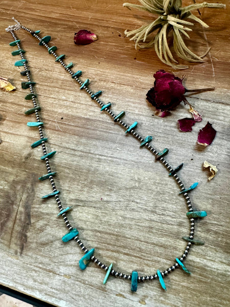 Rough Cut Turquoise and Sterling Silver Pearls Necklace-24"