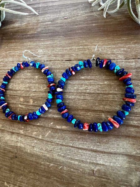 Lapis, Spiny Oyster, and Turquoise Hoop Earrings