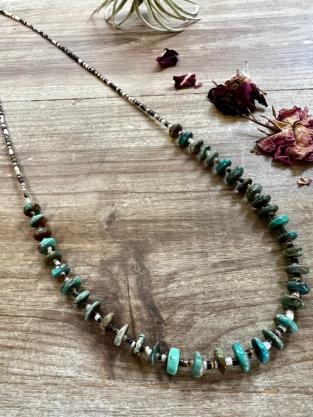 Green Rondelle Turquoise and Shell Necklace-28"