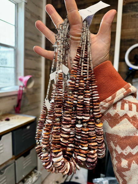 Purple Spiny Oyster and Shell Necklace-22"