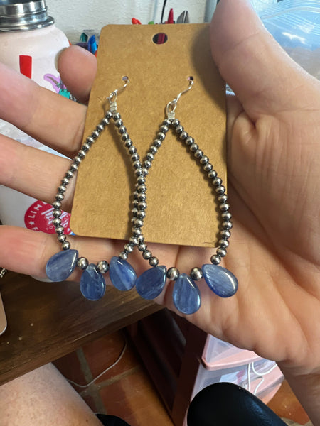 Kyanite and Sterling Silver Navajo Pearls Teardrop Earrings