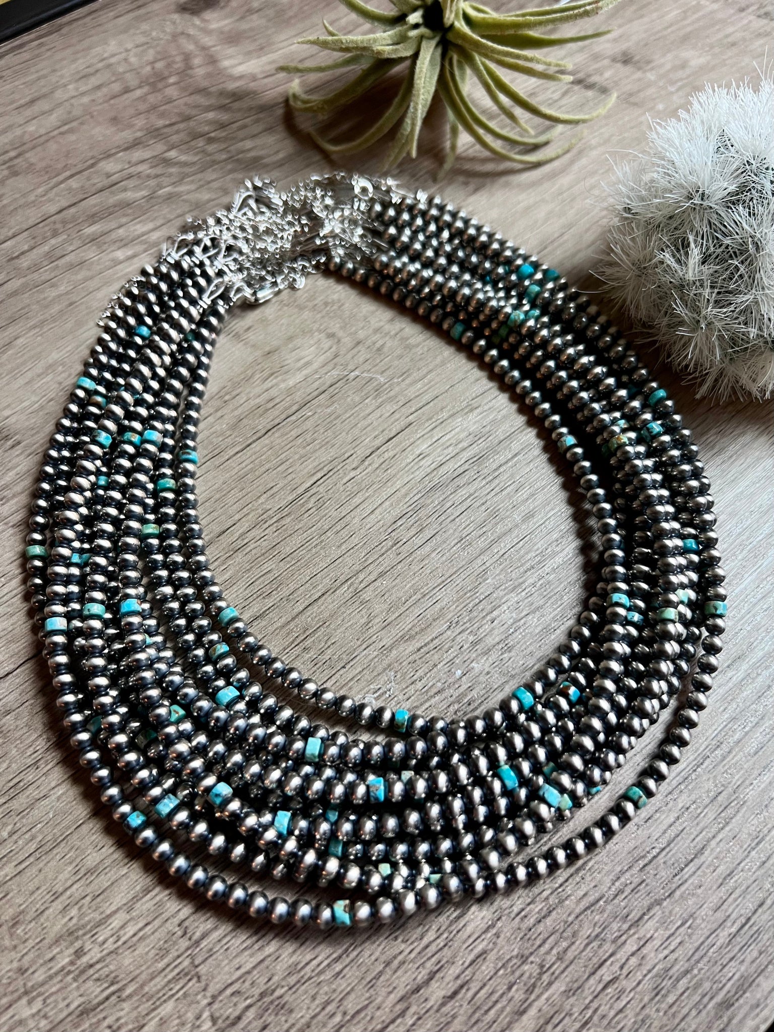 4mm Sterling Silver "Navajo Style" Pearls and Turquoise Necklace-14"