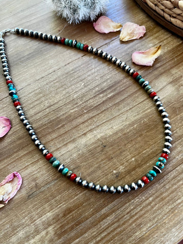 6mm Sterling Silver Navajo Pearls, Turquoise, and Coral Necklace-19in