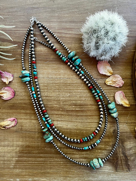 6mm Sterling Silver Navajo Pearls, Turquoise, and Coral Necklace-19in