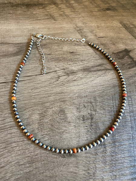 4mm Sterling Silver "Navajo Style" Pearl and Spiny Oyster Necklace- 14"