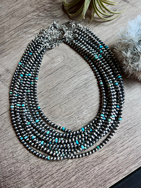 4mm Sterling Silver "Navajo Style" Pearls and Turquoise Necklace-14"